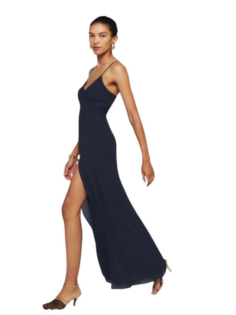 Reformation Navy Blue slip dress Spaghetti Strap Maxi Side Slit & Open Back sexy